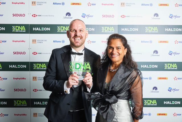 EmployAbility Network Unsung Hero of the Year award winner David McBeth with Tab Ahmad at the Diversity Network Awards